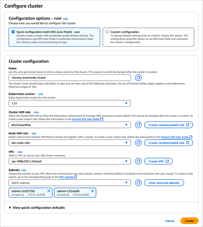 Figure 1. Creating an EKS cluster with “Quick configuration (with EKS Auto Mode).” Source: AWS News Blog