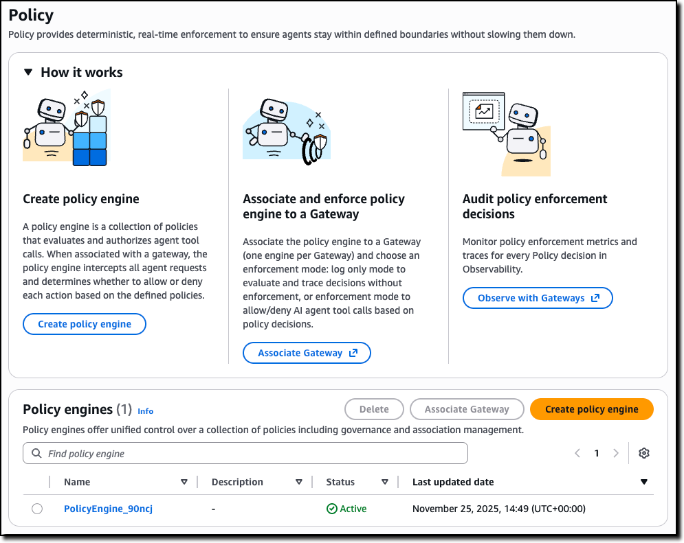 AgentCore Policy console — applying permissions before an agent's tool calls