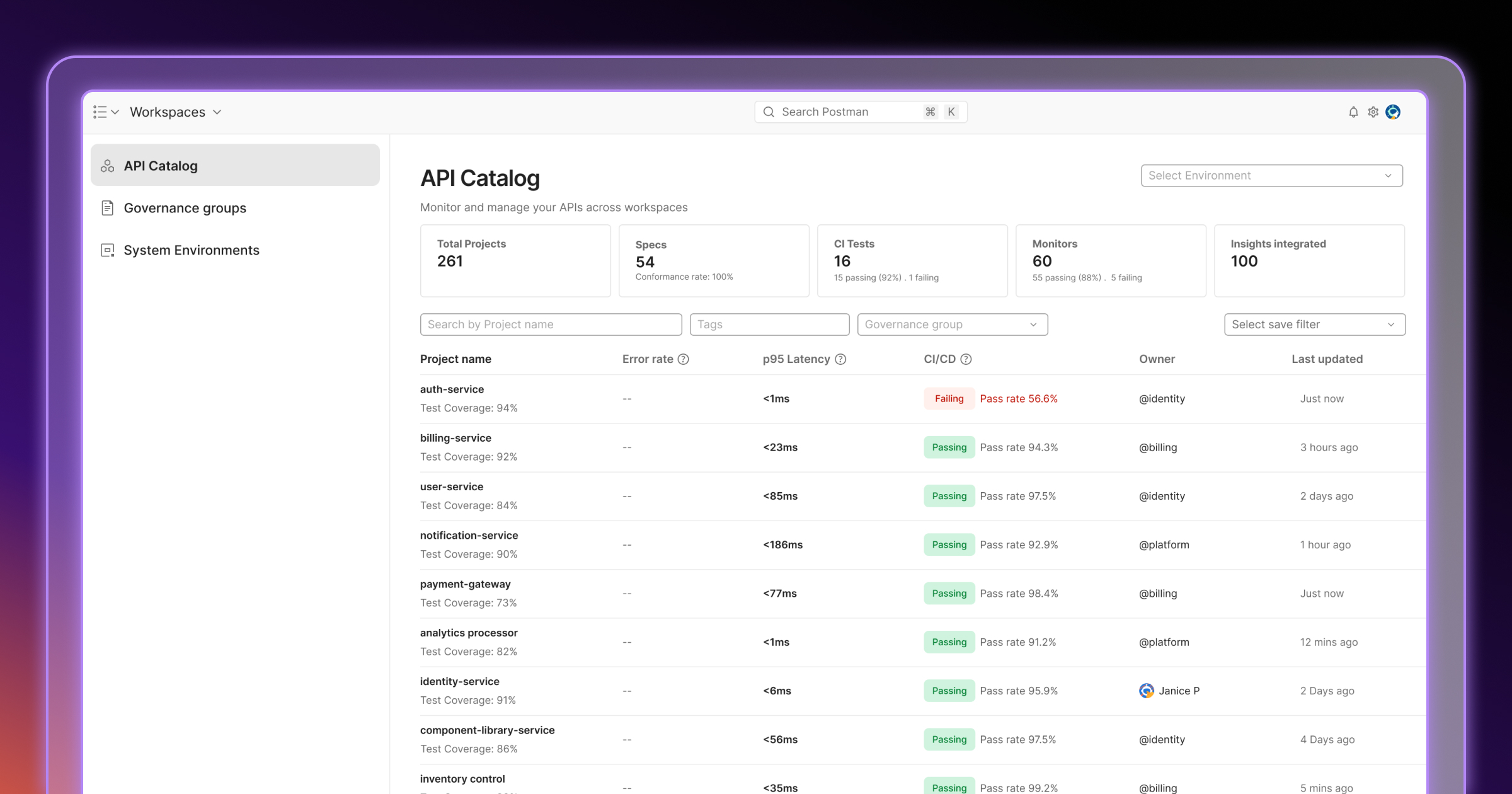 Postman API Catalog — specifications, tests, and observability in a single view as a system of record